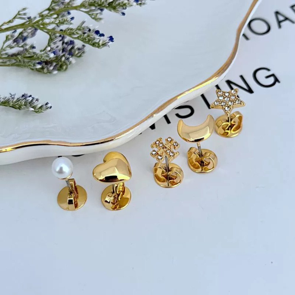 Tory Burch Mini Rhinestone Star Moon Heart Pearl Letter Stud Earrings 5 Pairs